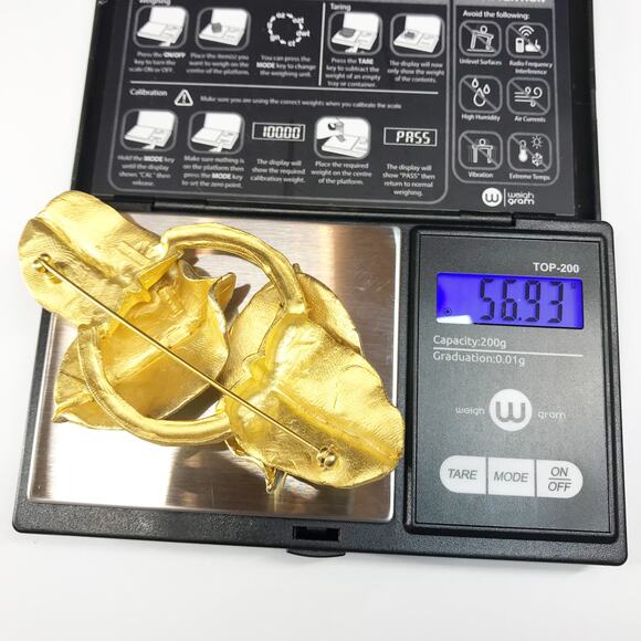 CAROL DAUPLAISE Brooch Earring Oversized Hammered Gold Tone Abstract Modernist - Picture 3 of 11